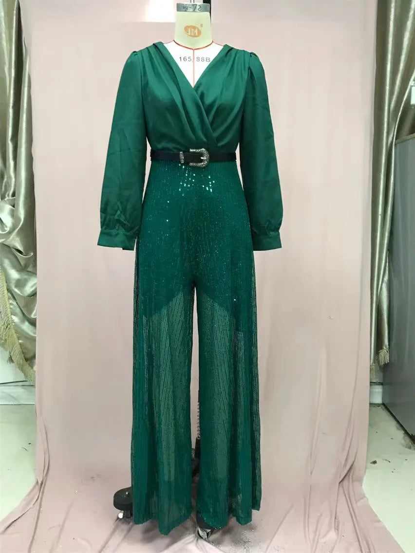 2024 Autumn Evening Party Jumpsuit Women Long Sleeve Solid Sequin V-Neck High Waist Fashion Leg Pants Elegant Chic Spring Shirt