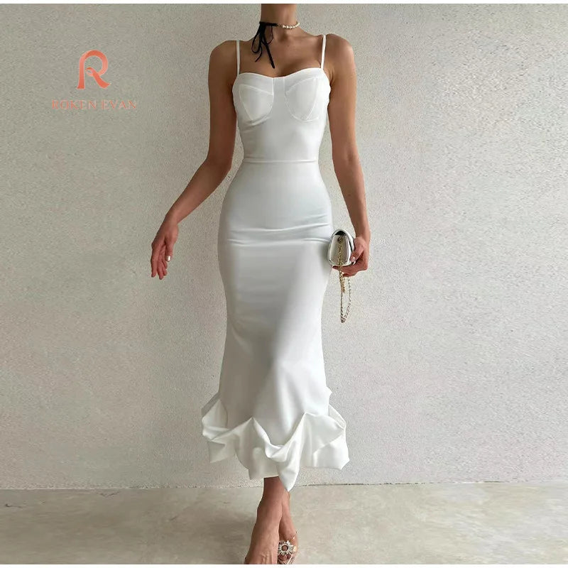 Roken Evan 2024 Sexy Muslim Dress Women Spaghetti with Prom Dress for Sleeveless Bodycon Dresses Ruffled Hem Kaftan Abaya Dubai - reetell