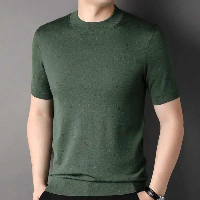 Worsted Mercerized Men Summer Short Sleeves T-shirt Versatile Fashion Male Clothing Half Turtleneck Casual Basic Knitted Tops - reetell