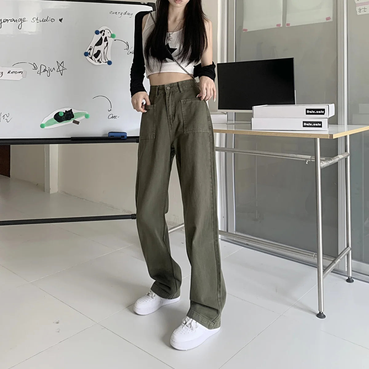 Military Green Jeans for Women High Waist Wide Legs Straight Leg Loose and Hanging Feeling Floor Length Pants High Street Trend - reetell