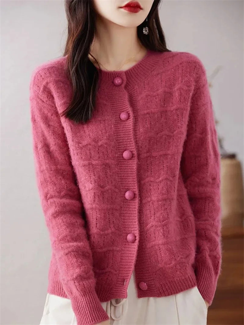 New Autumn And Winter Sweater Cardigan Jacket Women Fashion Sweet Wearing Solid Color Round Neck Sweater Top Bottoming Shirt - reetell