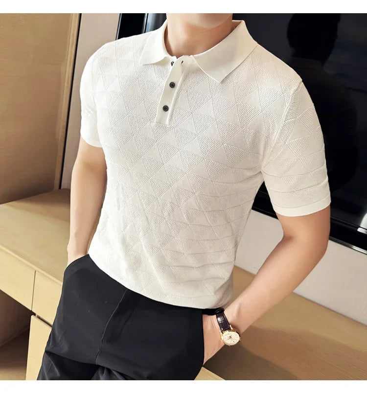 High-quality Men's Jacquard Polo Shirt, Business Casual Men's Solid Color Short-sleeved Top,  Geometric Pattern Men's T-shirt.