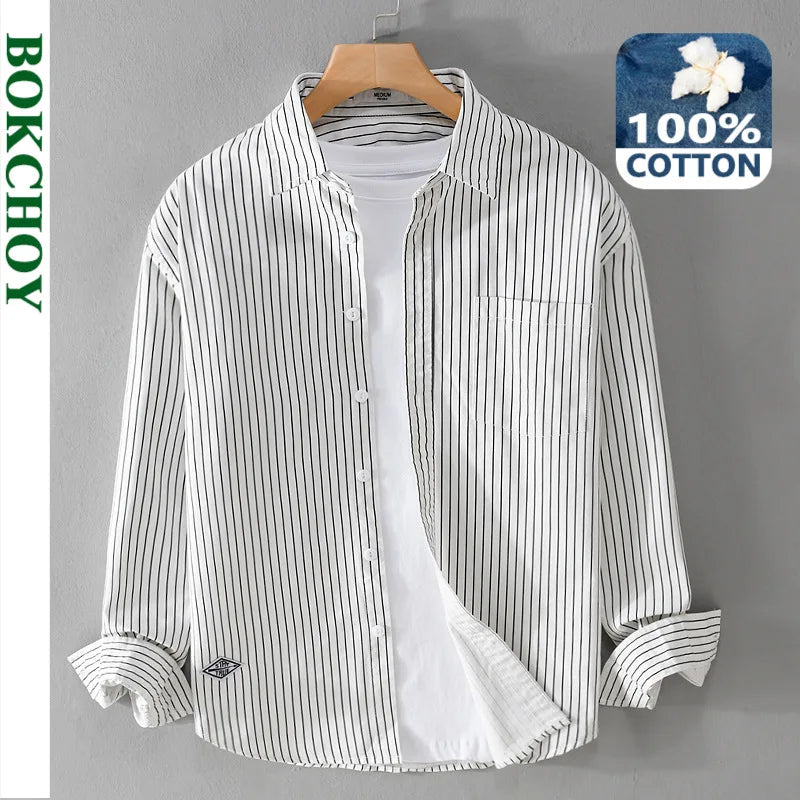 2024 Spring Autumn New Cargo Striped Long Sleeve Shirts for Men Clothing 100% Cotton Casual Soft Streetwear FY9678