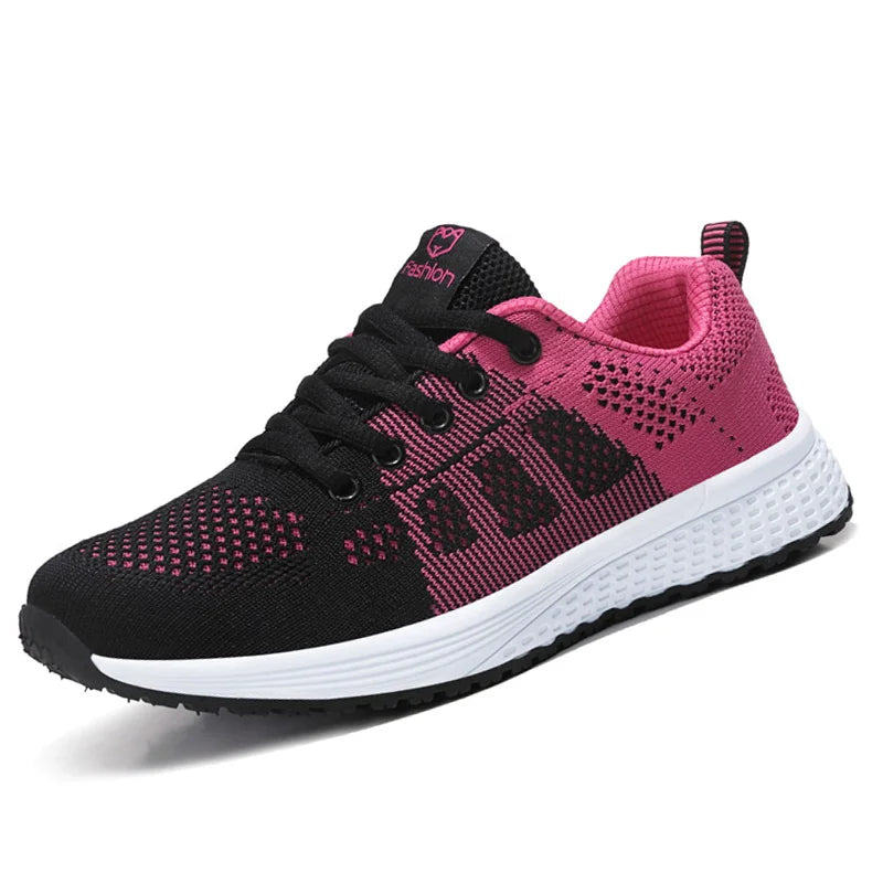 Women Casual Shoes Breathable Walking Mesh Lace Up Flat Shoes Sneakers Women Tenis Feminino Pink Black White - reetell