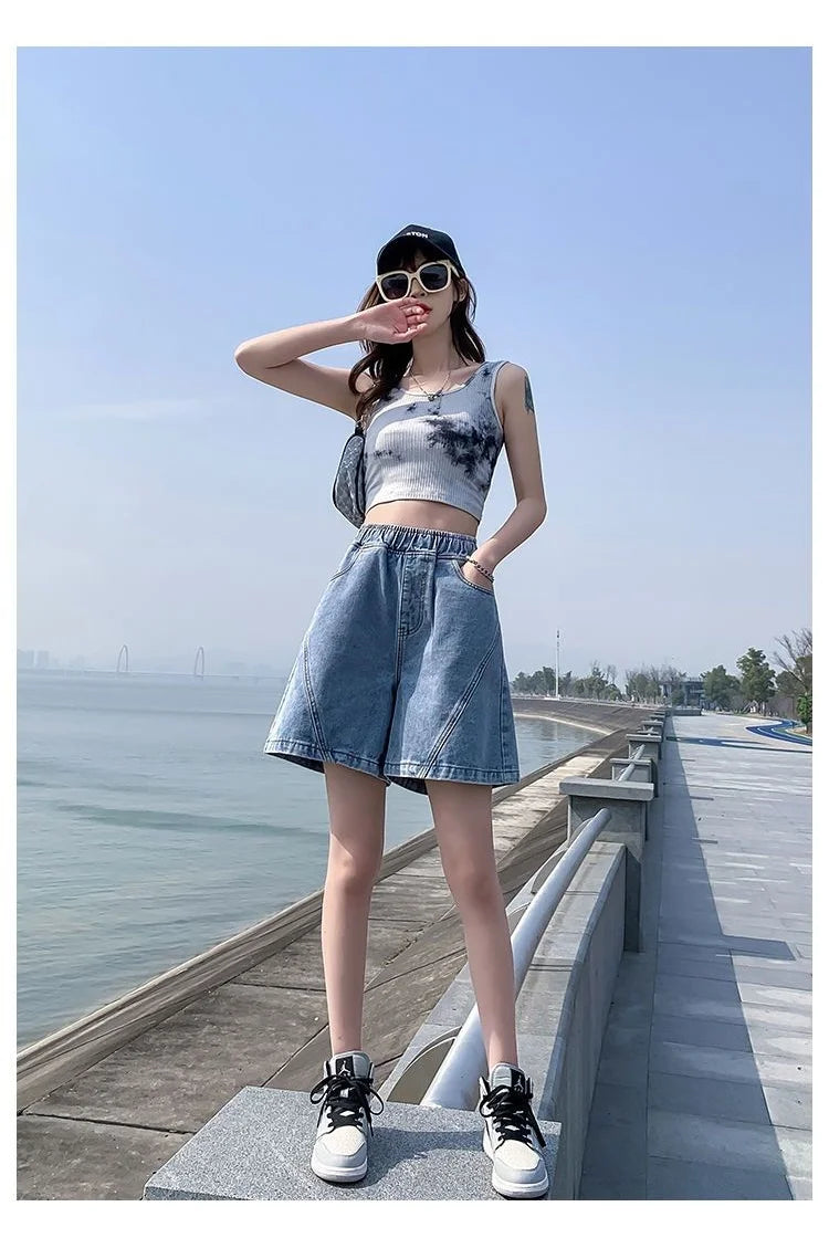 Big Size Denim Shorts Quarter Trousers A Wide Leg Loose High Waist Skinny Students Fattening Women Pocket Splicing Stripe - reetell