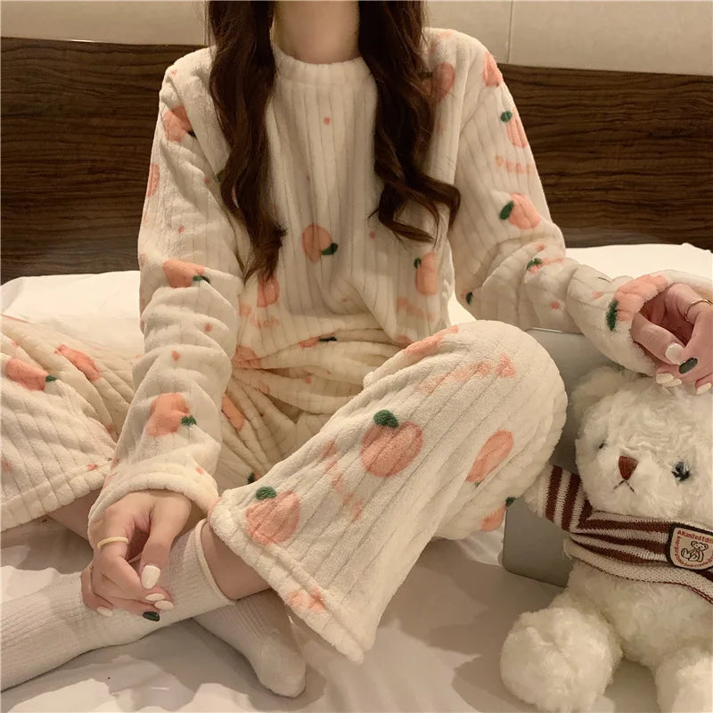 Autumn Women Solid Warm 2 Piece Sets Thicken Velvet Ribbed Fleece Set Pullover And Pants Women Casual Pajama Sets 2024 - reetell