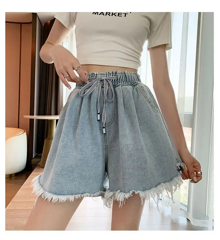 Big Size Denim Shorts Summer Thin Section Wide Leg Wide Loose Tight High Waist Female Students Fattening Women Tassel Wide - reetell