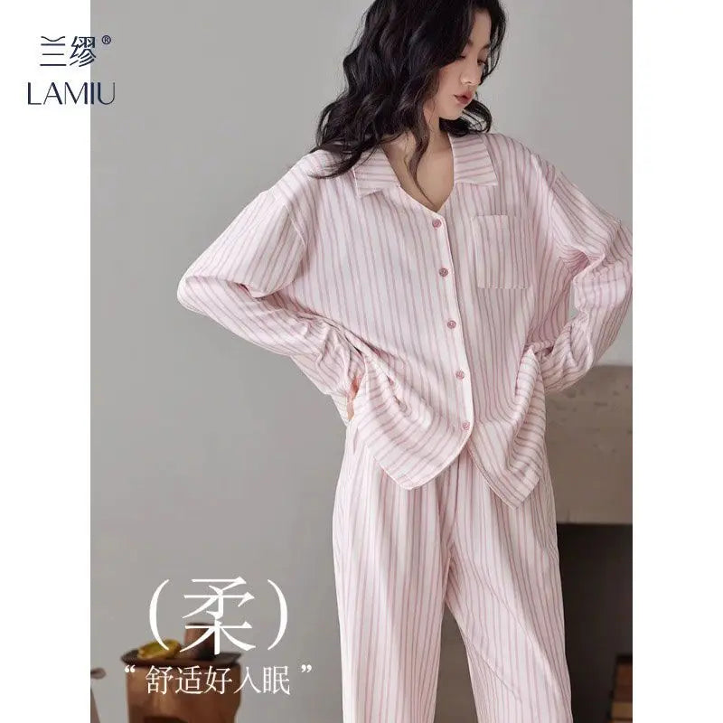 Striped Pajamasr Women Spring Autumn 2024 New Loungewear Cardigan Long Sleeved Cotton Sleepwear Lace V-neck Casual Homewear