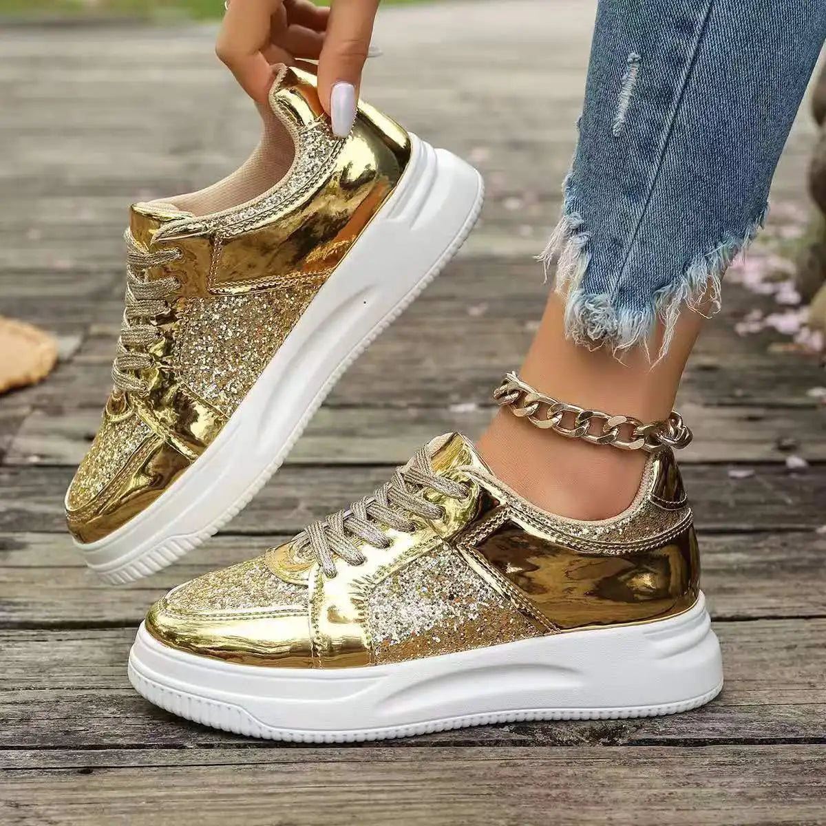 Women's Gold Sequins Platform Sneakers Autumn Fashion Casual Sports Shoes Thick Bottom Vulcanized Shoes Woman Flats Heels Shoes