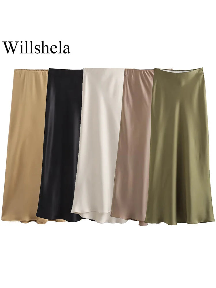 Willshela Women Fashion Satin Solid Pleated Midi Skirt Vintage Mid Elastic Waist Female Chic Lady Skirts - reetell