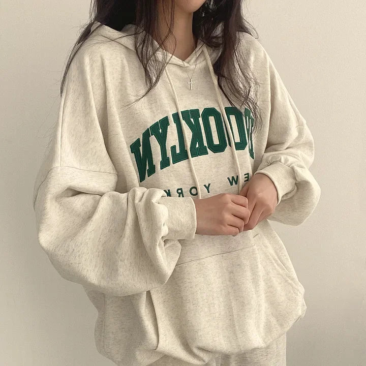 BROOKLYN Letter Print Hoodies Women Retro Chic Long Sleeve Loose Pullovers 2024 Harajuku Casual Hooded Sweatshirt Y2K Streetwear - reetell