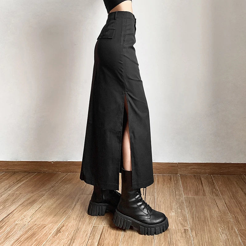 Women Midi Skirts Goth Dark Grunge Casual Tag Split Mall Gothic Punk High Raise Slim Long Skirt Y2k Sexy Fashion Streetwear - reetell