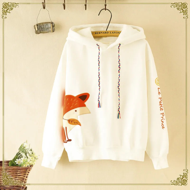 Hot Autumn Cute Fox Printing Hooded Sweatshirt Women Clothing Pullovers Plus Velvet Patchwork Female Sweet Thick Warm Hoodies - reetell