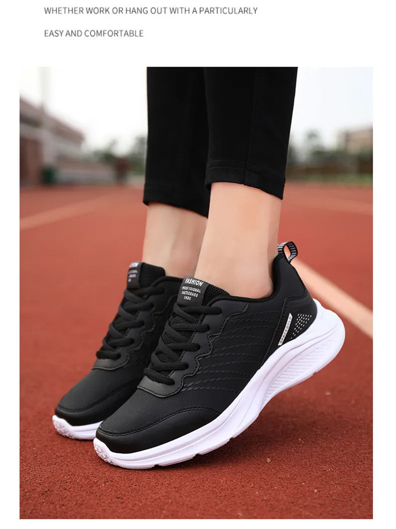 Waterproof Leather Chunky Sneakers for Women, Running Shoes, Casual Sports Shoes, Black Trainers, Autumn, Spring