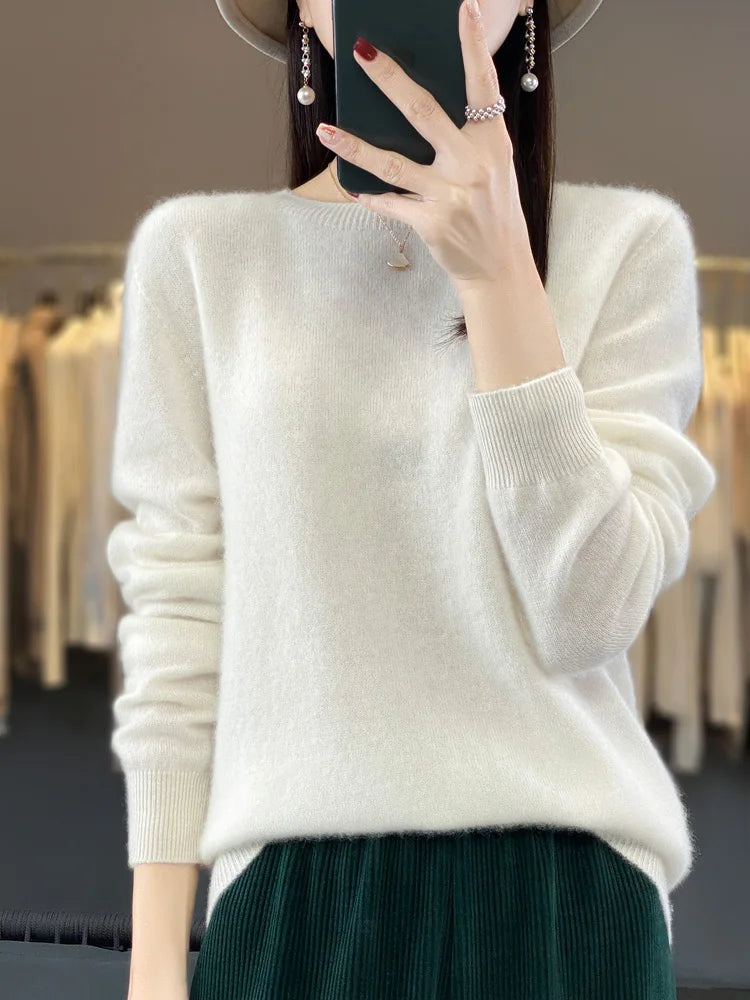 100% Merino Wool Sweater Women  Cashmere Pullover Knitwear Autumn Winter O-neck Solid Color Fashion Basic Female Clothes Tops - reetell