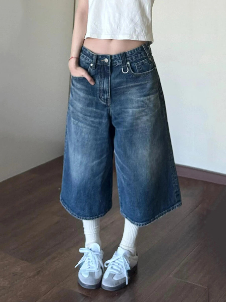 2024 Vintage Wash Whiskers Denim Shorts Women Low Rise Distressed Frayed Wide Leg Baggy Jeans Jorts Casual Summer Clothes - reetell