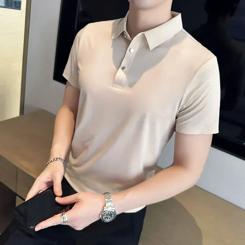 Ice Silk Traceless T-shirt Men's  Business Casual Solid Color Half Sleeve High Elasticity Top Silk Smooth Breathable POLO Shirt