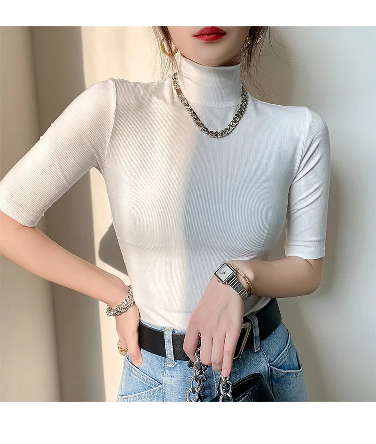 Basic Cotton T Shirt Women Turtleneck Slim Tshirt Short Sleeve T-shirts Female Casual Elasticity White Tee Shirt Femme Woman Top - reetell