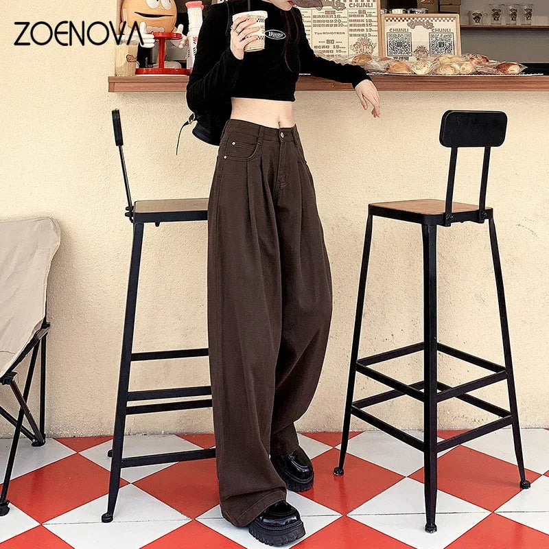 ZOENOVA Spring Autumn Korean New Fashion Dark Brown Women's Jeans Street Casual Wide Leg Pants Loose Straight Versatile Trousers - reetell