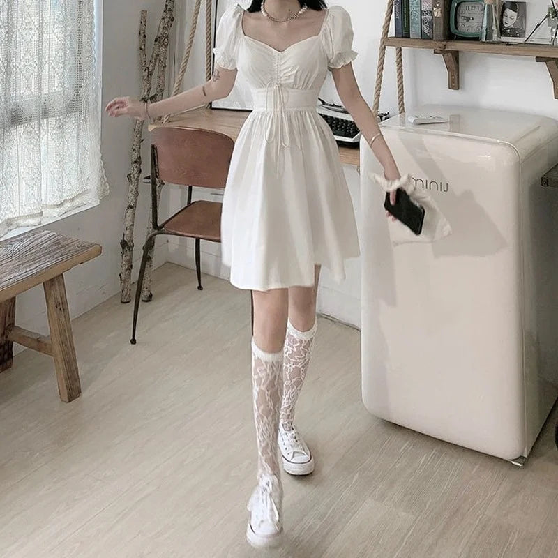 Sweet White Vestidos 2023 New Puff Sleeve Dress Women Mori Vintage Wrap Bodycon Short Dresses Preppy Style School Robes Female - reetell