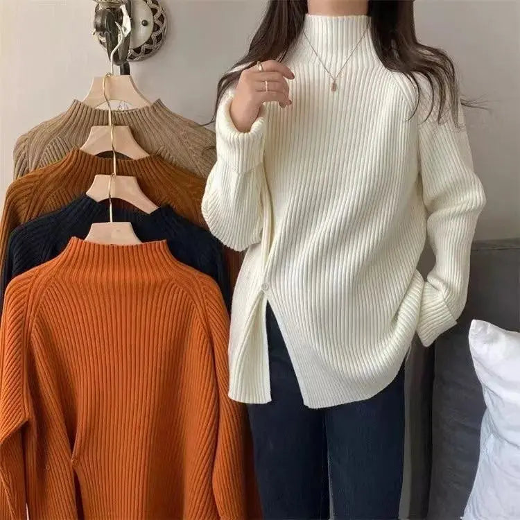 Women's Knit Sweater Off-white Loose Turtleneck Ladies PulloversButtons Slit Hot Sale Winter Offers Trend New Knitwear 2024 - reetell