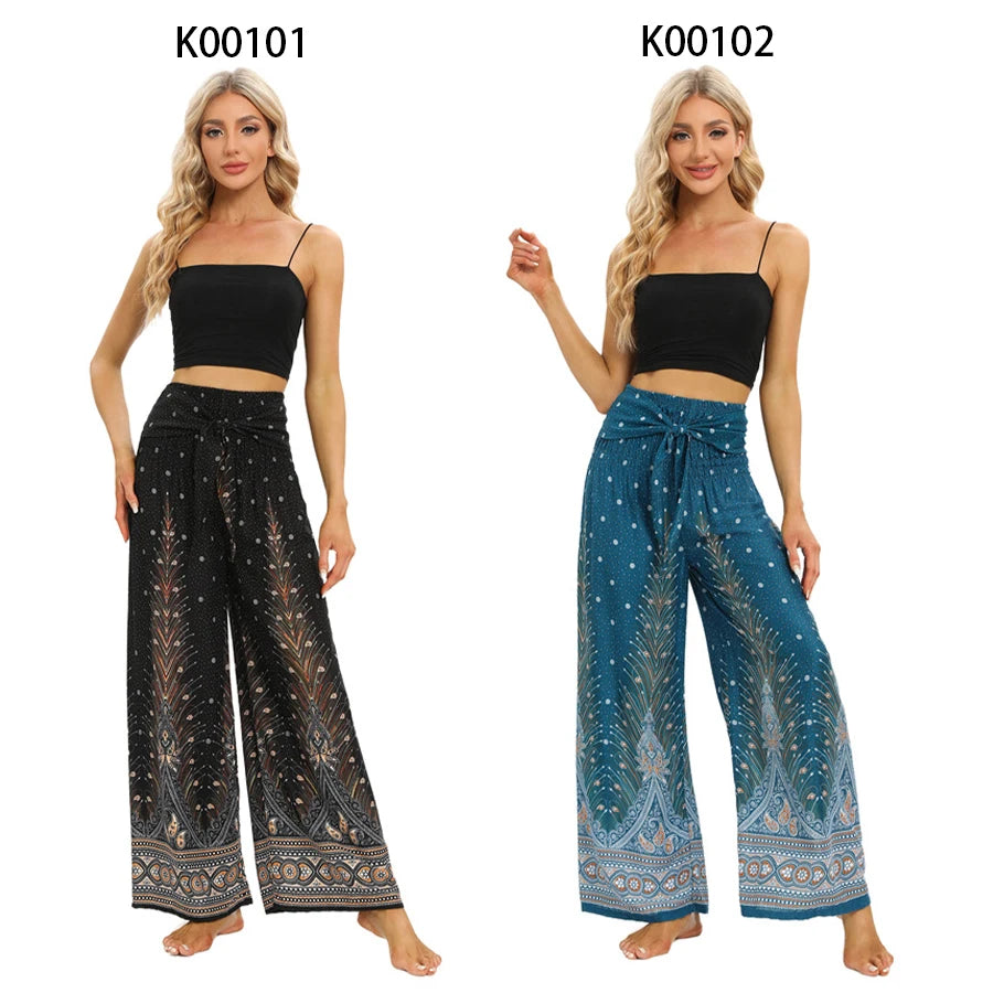 2024 Women Boho Yoga Pants Rayon Vintage Floral Printed Wide Leg Long Trousers Elastic High Waist Female Outside Home Clothes - reetell