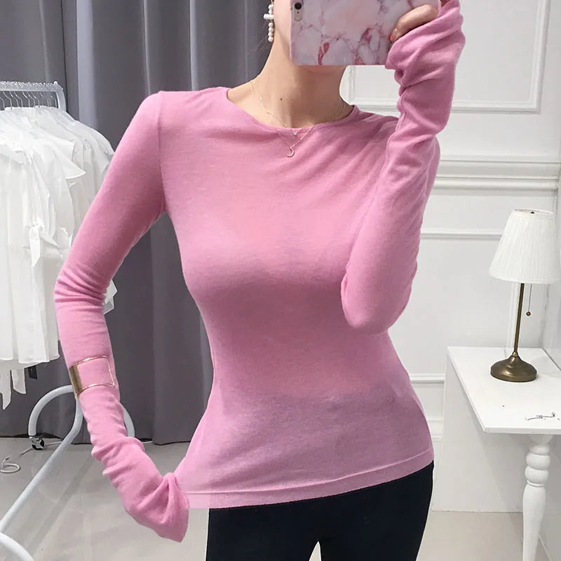 Shintimes Sexy Shirt Women T-Shirt Long Sleeve Korean Style Slim Basic Elasticity Tshirt Top Womens Clothing T Shirt Femme - reetell