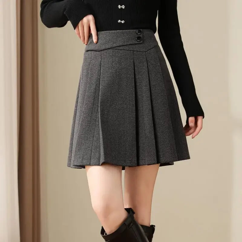 Deeptown Preppy Style Pleated Wool Skirt Women Elegant Grey Sweet Mini Skirts Vintage Solid A-line Casual Autumn Short Skirts - reetell