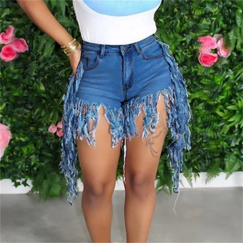 Fashion Tassel Splice Trouser Legs Denim Shorts Women High Waist Button Mini Jeans Female Casual Three Quarter Pants Streetwear - reetell