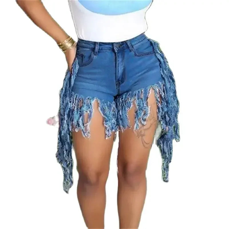 Fashion Tassel Splice Trouser Legs Denim Shorts Women High Waist Button Mini Jeans Female Casual Three Quarter Pants Streetwear - reetell