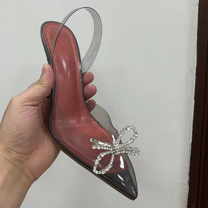 Fashion Transparent Soft PVC Women Pumps Luxury Rhinestones Bowknot Slingbacks High heels Spring Summer Wedding Party Shoes