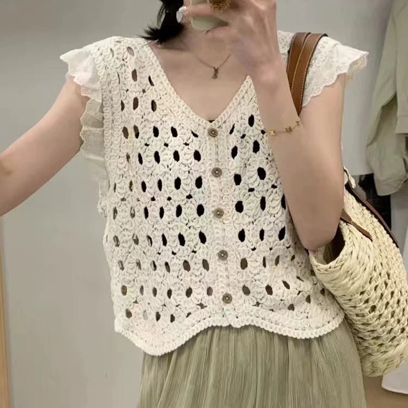 Sheer Crochet Tank Top Button Front V-Neck Open-knit Hollow Out Crop Blouse Cardigan Women Summer Boho Vacation Outfit - reetell