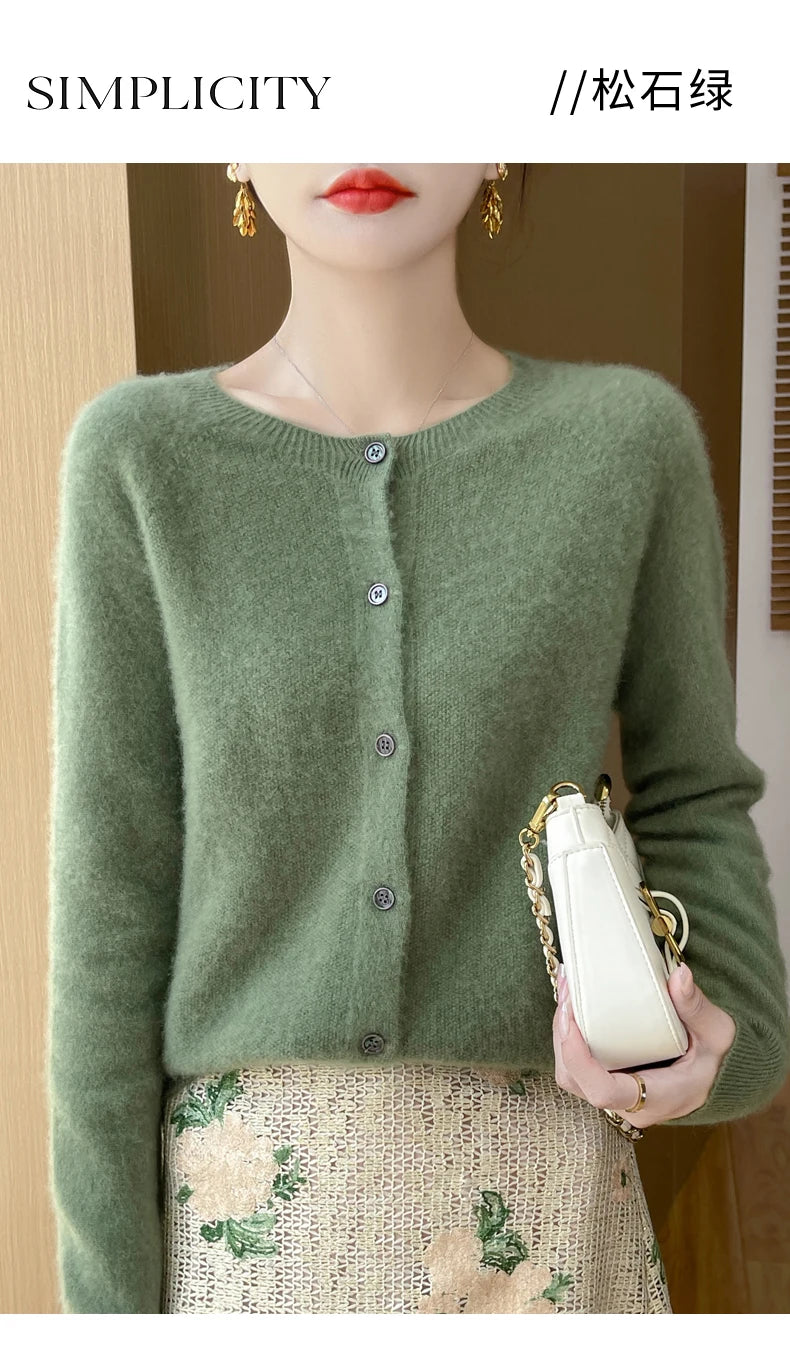 100% Merino Wool Long Sleeve Sweaters Cashmere Cardigan Spring Autumn Women O-Neck Knitwear Tops Clothing Fashion Basic Tops - reetell