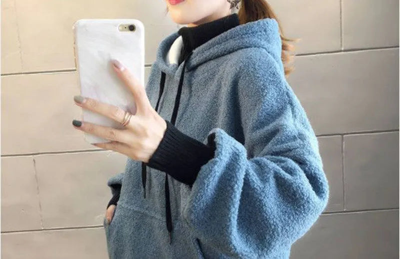 Faux Lamb Sweatshirt Women Loose Fake Two Piece Fashion Hoodies Fluffy Big Pocket Letter Long Sleeve Winter Female Tops - reetell