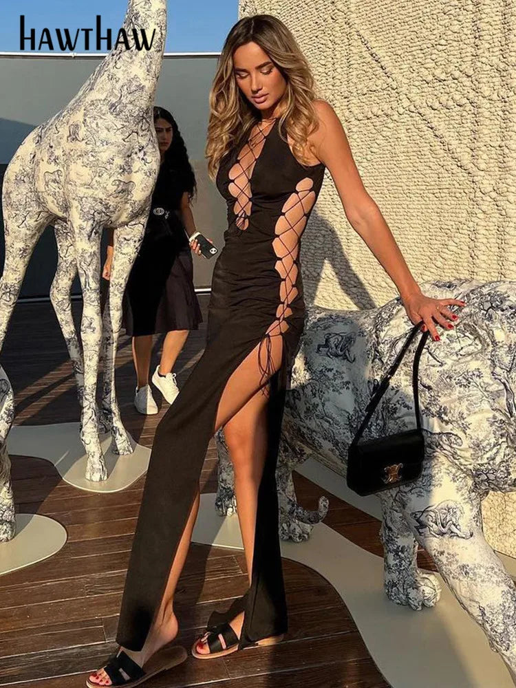 Hawthaw Women Sexy Party Club Evening Bodycon Hollow Out Black Long Dress 2023 Summer Clothes Wholesale Items For Business - reetell