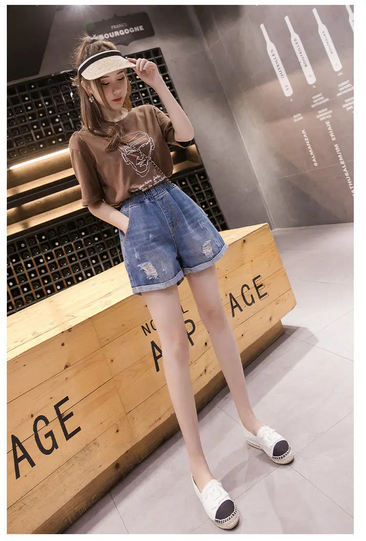 Large Size Broken Hole Cowboy Shorts Women Thin Section Wide Loose Tight High Waist Skinny A Word Wide Leg Fattening Hollowing - reetell