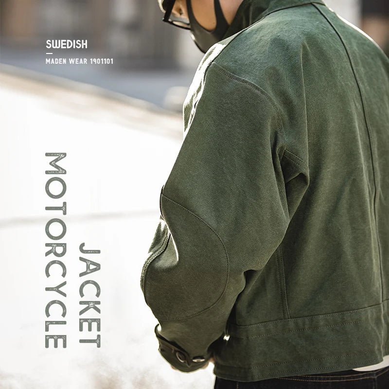 Maden Green Retro bomber Jackets Misplaced Oblique Buckle Swedish Motorcycle Men's AMEKAJI Cotton Autumn Winter Coat - reetell