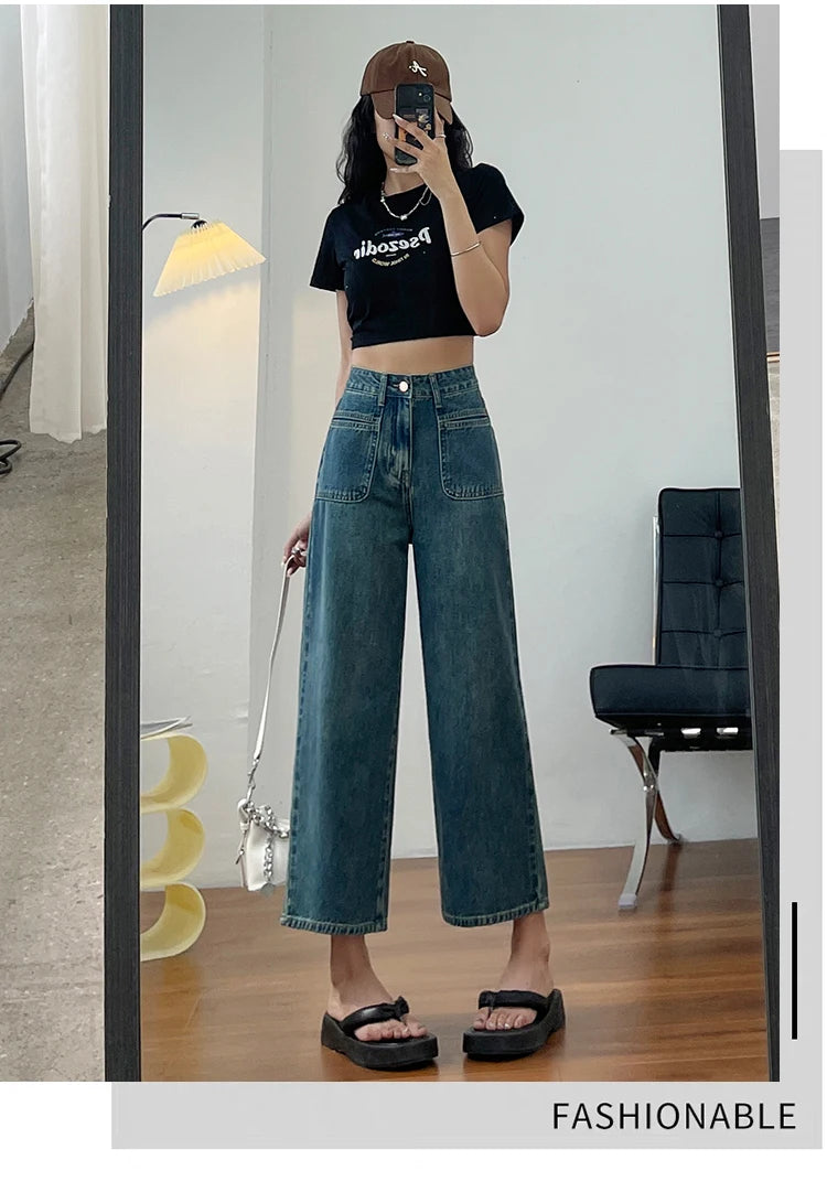 No stretch women jeans new straight leg wide streetwear high waist boyfriend pockets denim trousers cargo pants japanese y2k - reetell