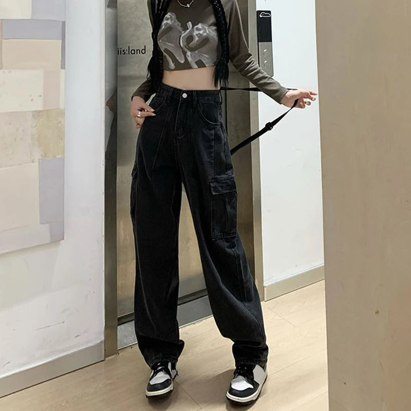 Rimocy Vintage Cargo Baggy Jeans Women Autumn Winter Straight Loose Denim Trousers Woman High Waist Streetwear Pants Female - reetell