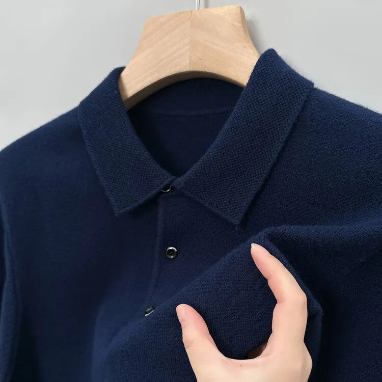 Autumn and Winter New Warm Soft Pullover Men's Business Lapel Knitwear Casual Solid Color Long Sleeve Polo Shirt Office - reetell