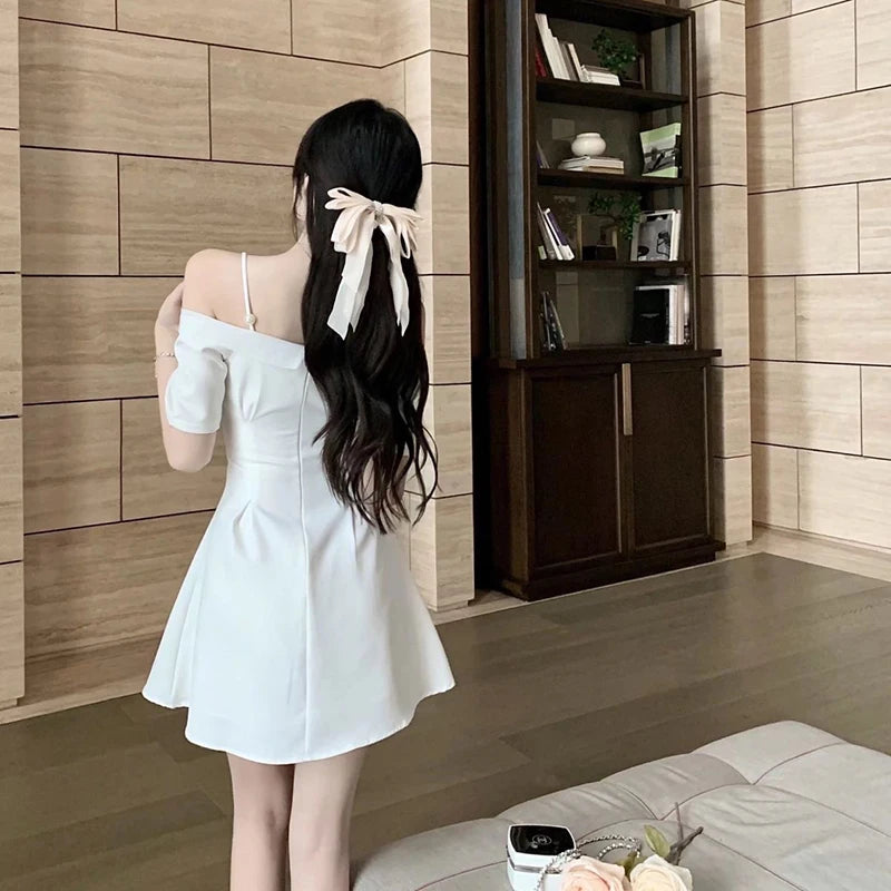 Zoki Bow Sexy Slash Neck Dress Women Summer Korean Elegant White Mini Dress Fashion All Match Party Night Camis Vestidos - reetell