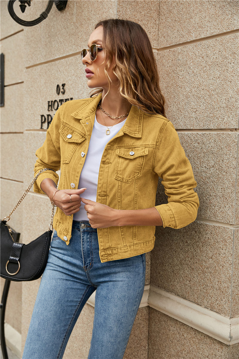 Women's Denim Jackets Fashion Female Casual Long Sleeve Lapel Solid Button Down Chest Pocket Slim Jean Jacket Fall Winter Coat