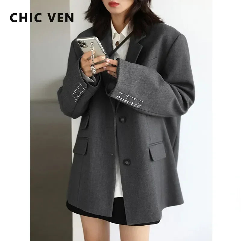 CHICVEN  Women Office Lady Blazer Cuff Embroidery Wide Shoulder Twill Suit Women's Autumn Ladies Outerwear  Stylish Tops - reetell