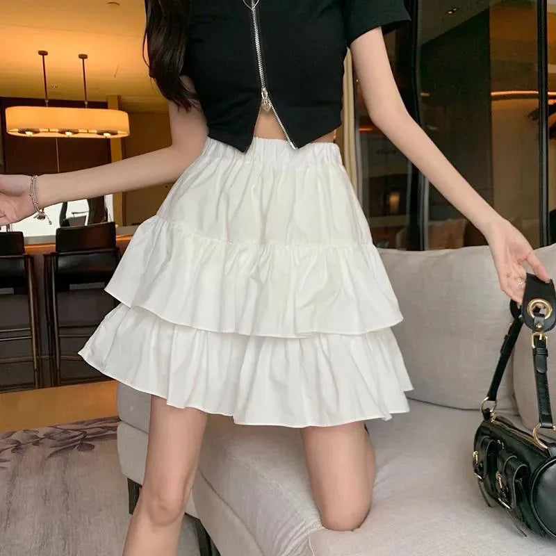 Sweet Cake A-line Skirt Black Women Cute Pleated Puffy Skirt Elastic Waist Preppy Style Solid Color Casual Korean Fashion Casual - reetell