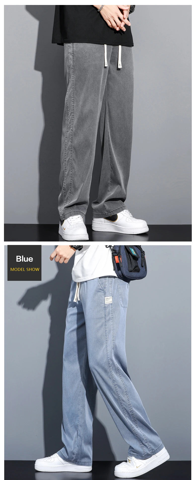 S-5XL 6Style,Men's Loose Jeans Summer Soft Lyocell Thin Fabric Straight Pants Drawstring Elastic Waist Korea Casual Trousers,Y2K - reetell