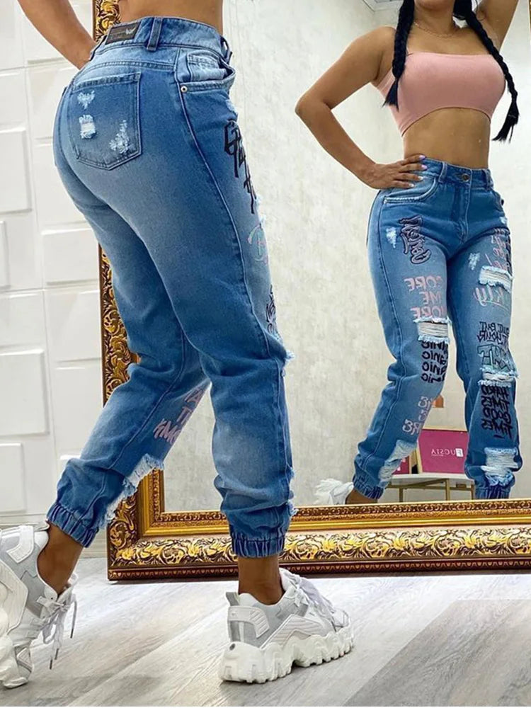 2024 New Letter Print Slant Pocket Ripped Jeans Casual Jeans Women - reetell