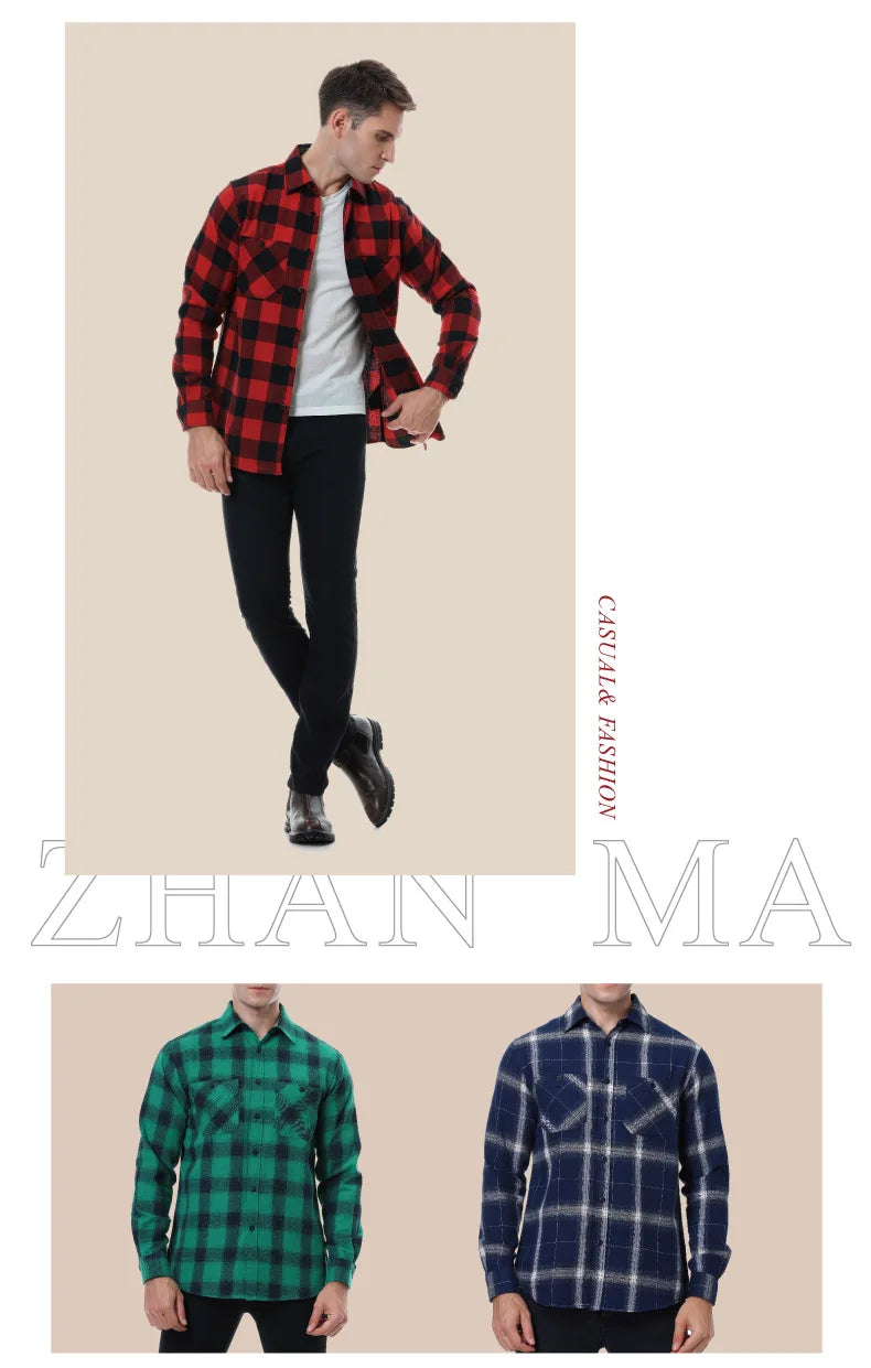 2023New Men Casual Plaid Flannel Shirt Long-Sleeved Chest Two Pocket Design Fashion Printed-Button