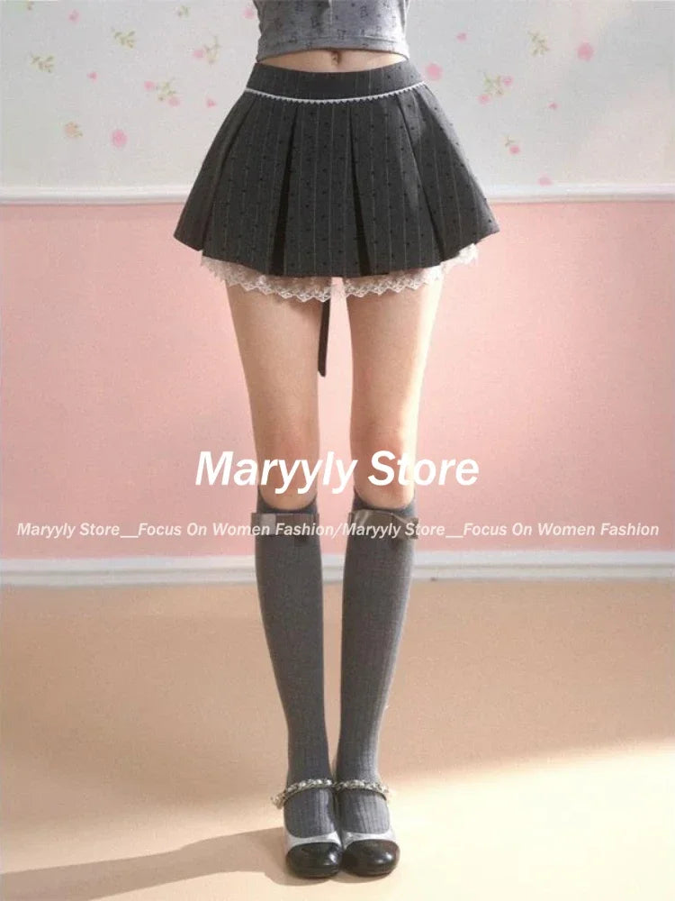 Design Bow Gray Pleated Skirt Women Lace Patchwork Mini Skirt 2024 Summer Fashion Lolita Style Striped Dot Print Cutecore Skirt - reetell