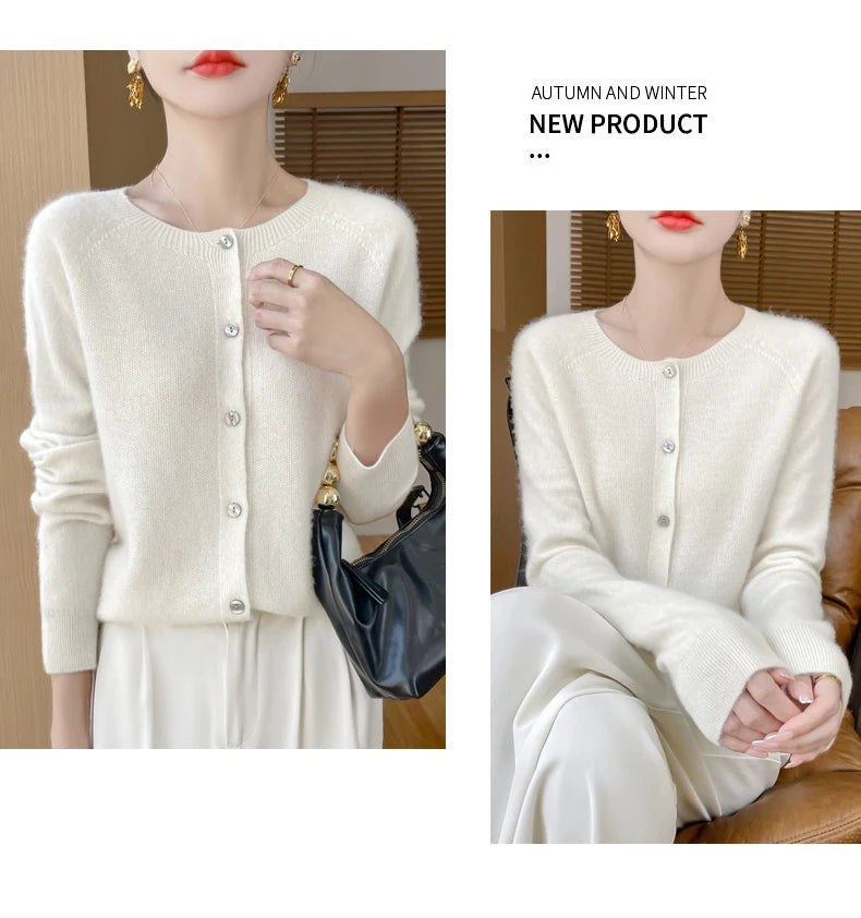 100% Merino Wool Long Sleeve Sweaters Cashmere Cardigan Spring Autumn Women O-Neck Knitwear Tops Clothing Fashion Basic Tops - reetell