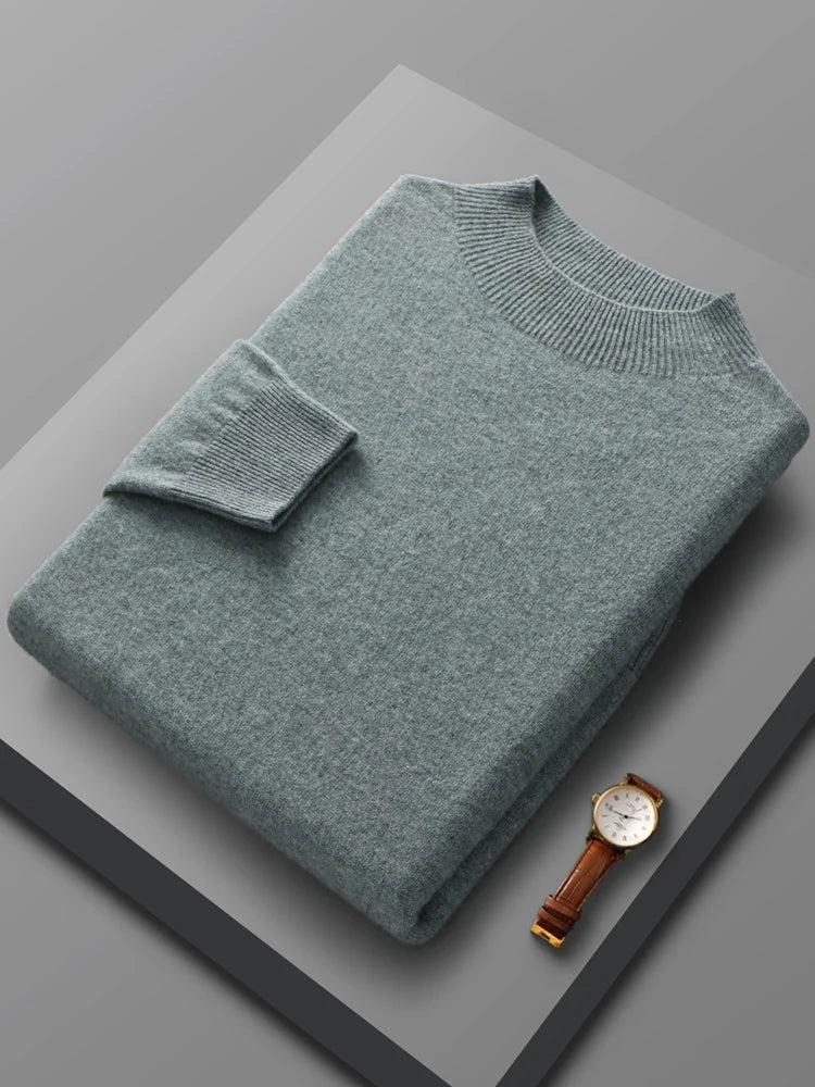 Spring Autumn 100% Merino Wool Pullover Sweater Cashmere Knitwear Men Mock-Neck Long-sleeve Basic Clothing Grace Tops - reetell